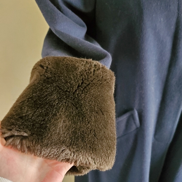 Steve by Searle Navy Blue Wool Full Length Swing Coat with Faux Fur Trim - Picture 5 of 6